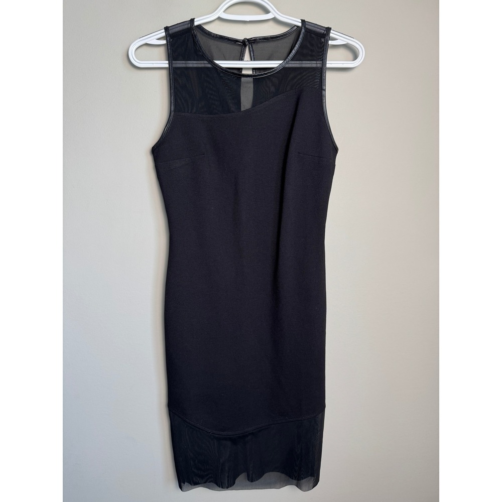 GUESS Black Mesh Panel Faux Leather Trim Bodycon Sheath Dress S Goth Chic Date